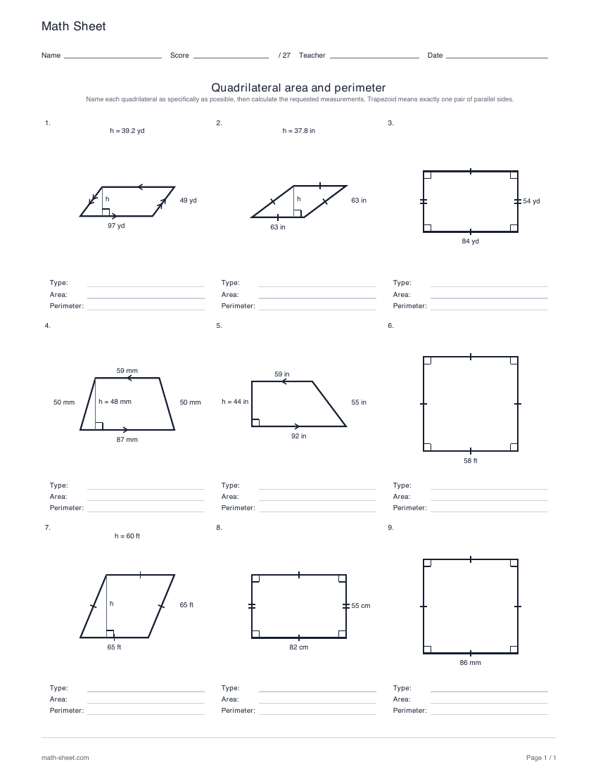 First page preview: Quadrilateral area and perimeter worksheets