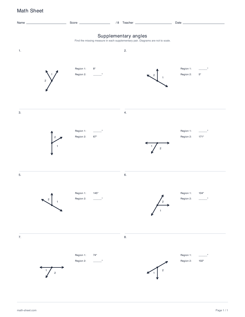 First page preview: Supplementary angles worksheets