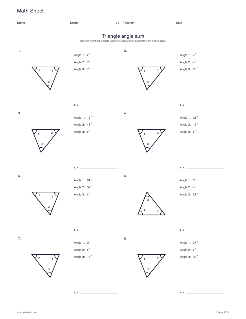 First page preview: Triangle angle sum worksheets