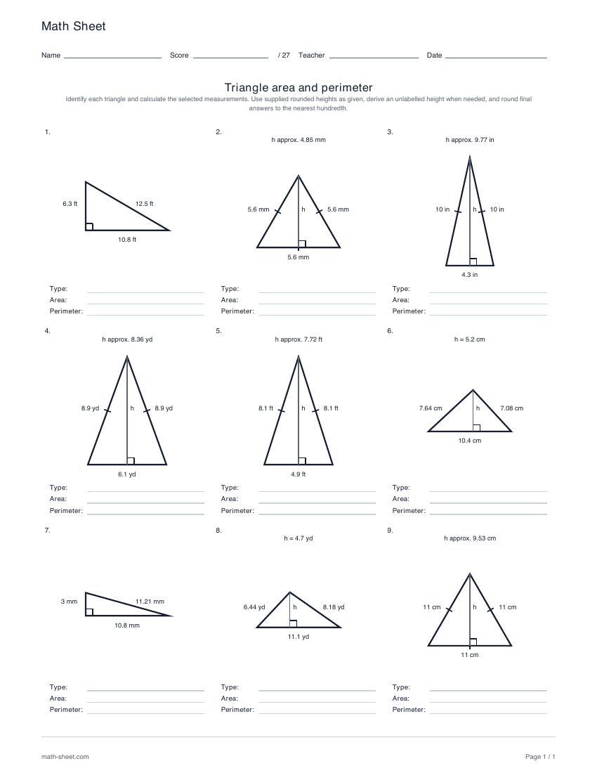 First page preview: Triangle area and perimeter worksheets