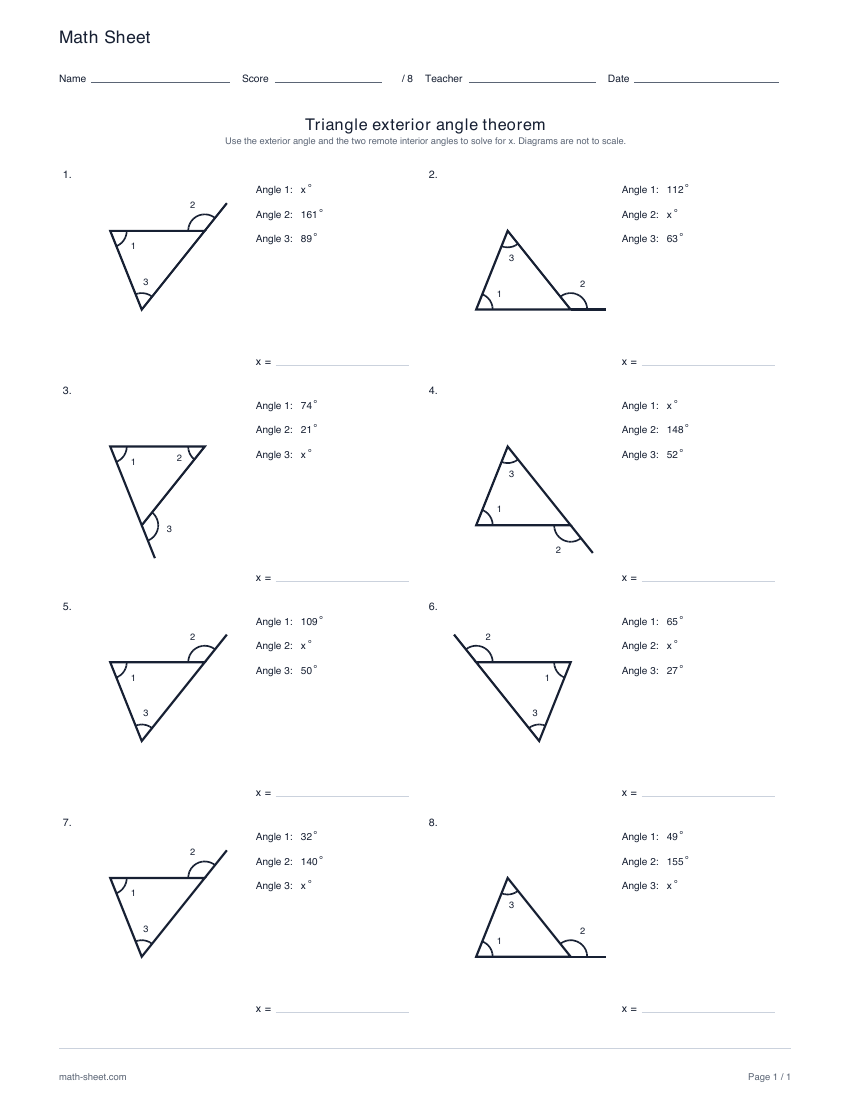 First page preview: Triangle exterior angle theorem worksheets