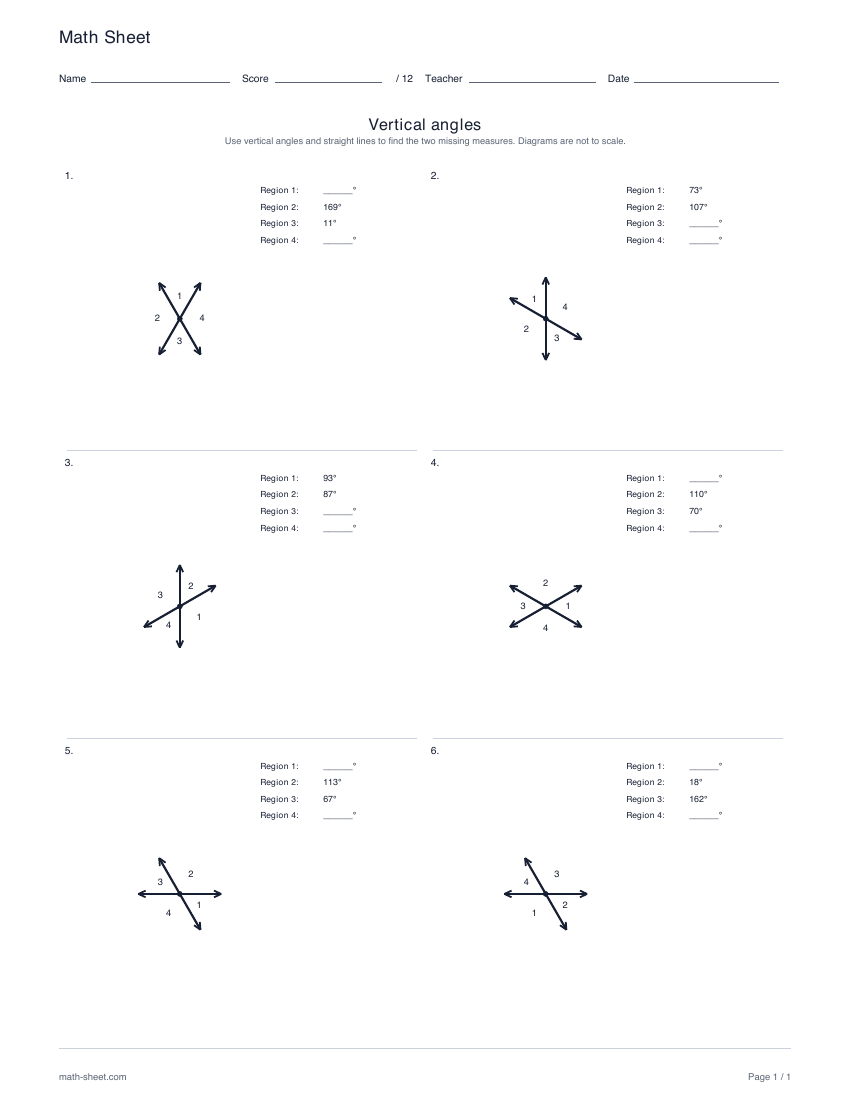 First page preview: Vertical angles worksheets