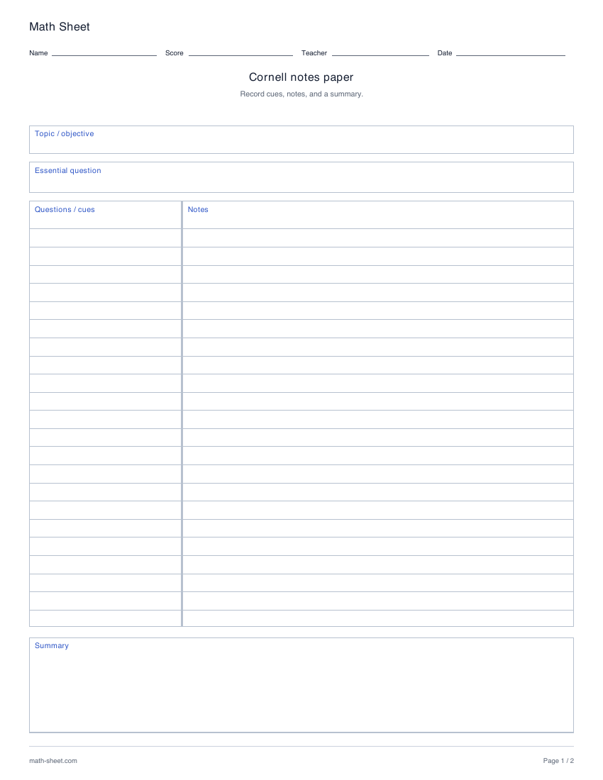 First page preview: Cornell notes paper