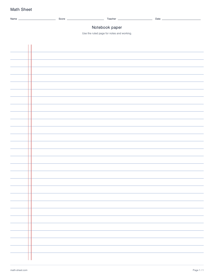 First page preview: Printable notebook paper