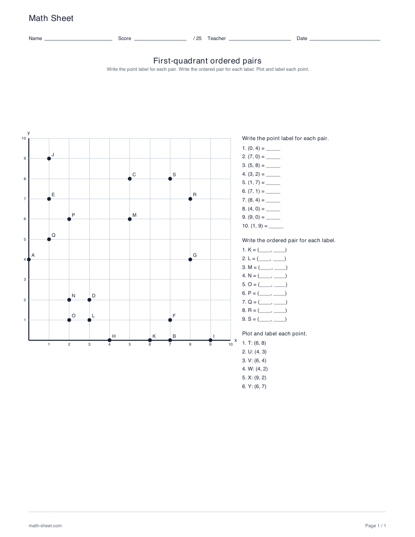 First page preview: First-quadrant ordered pairs worksheets