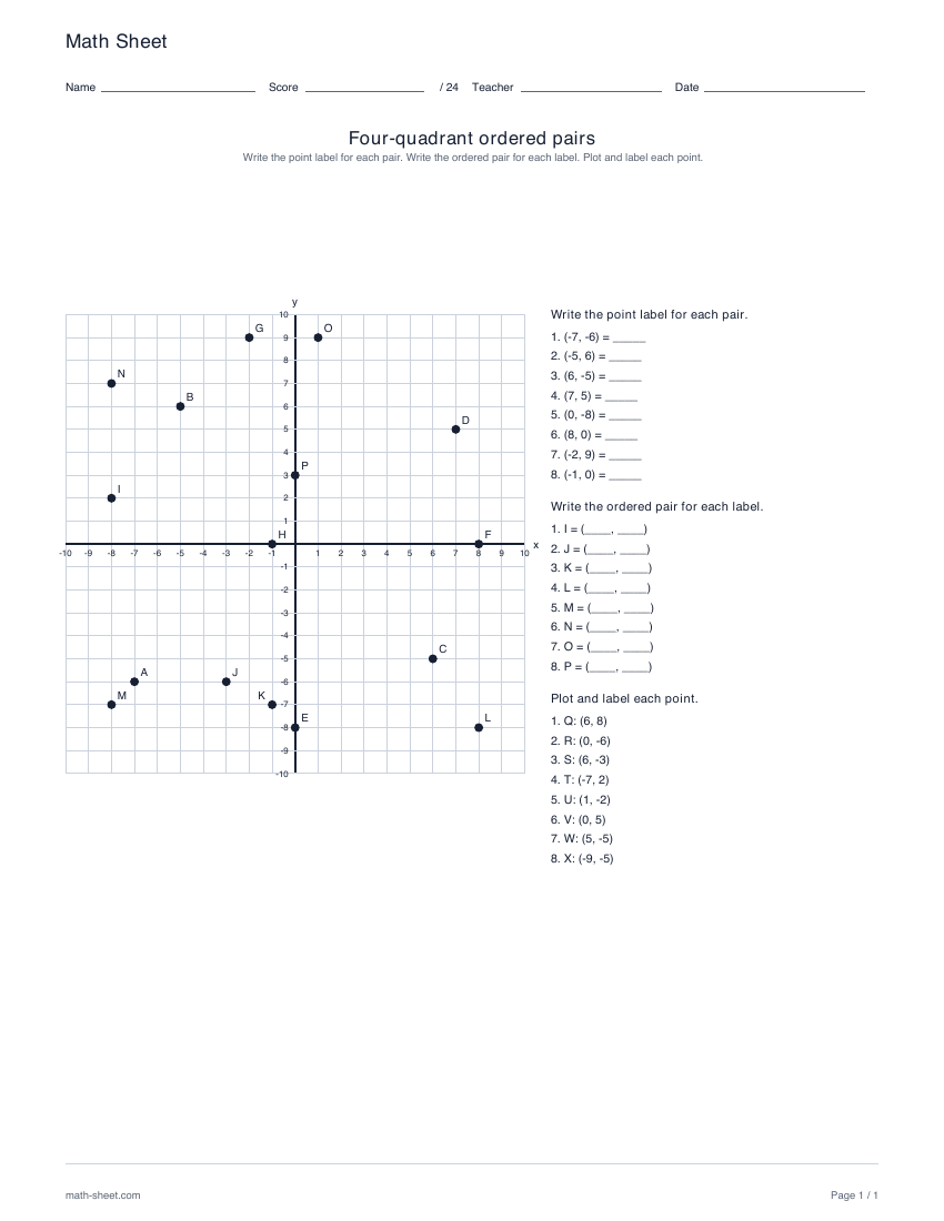 First page preview: Four-quadrant ordered pairs worksheets