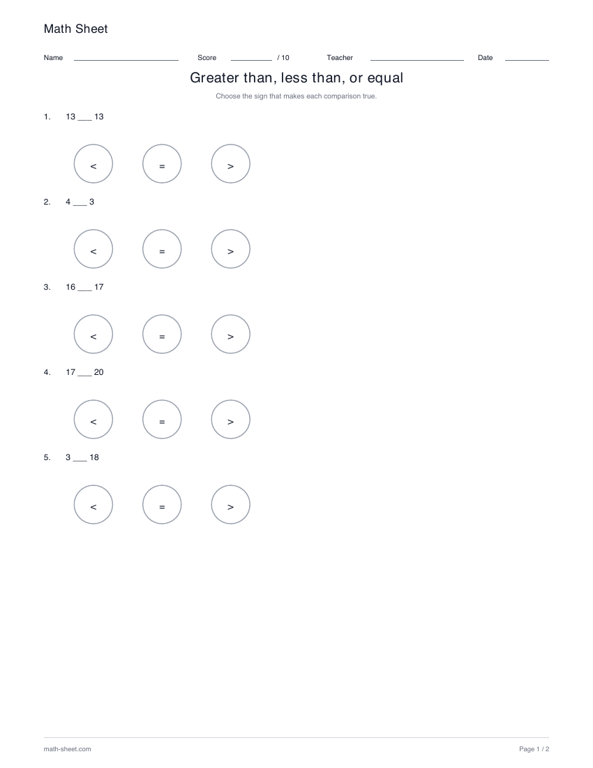 Printable greater than and less than worksheet preview