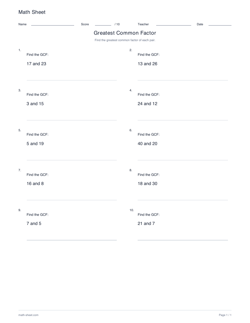 Printable find the greatest common factor worksheet preview