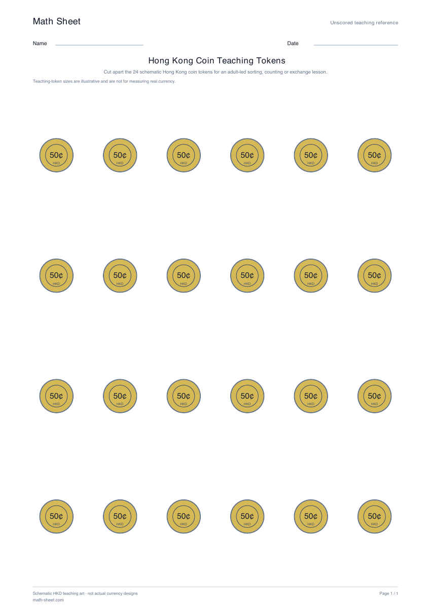 Printable hong kong coin teaching tokens worksheet preview