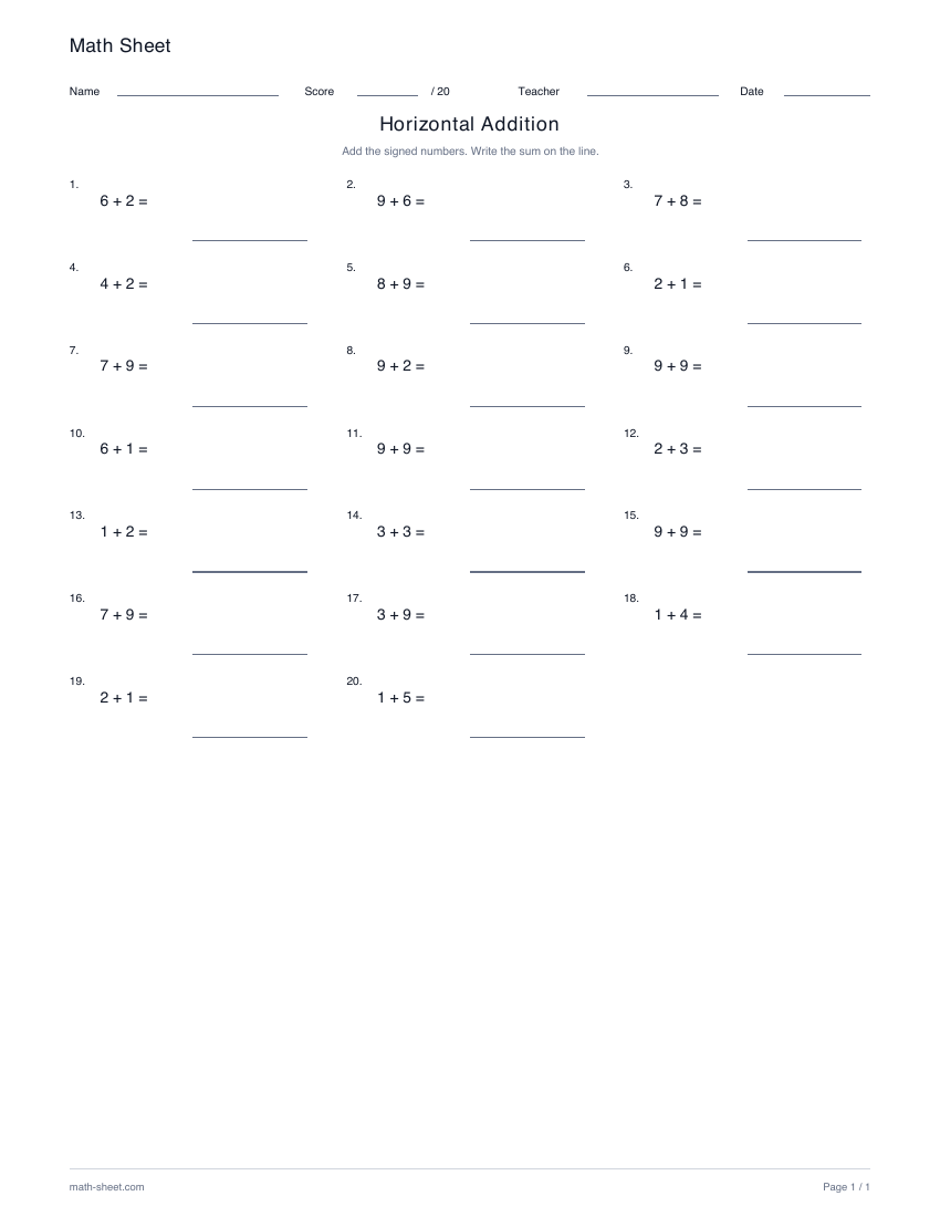 Printable horizontal two-addend addition worksheet preview