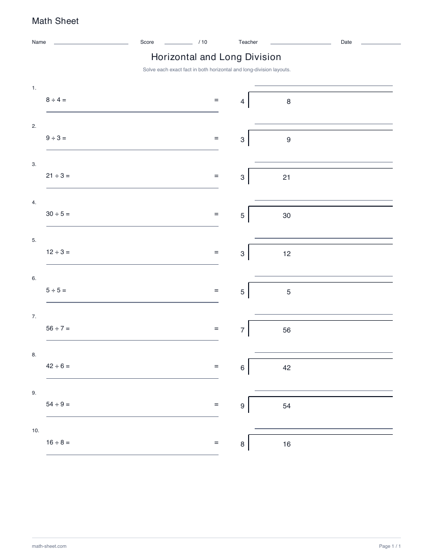 Printable horizontal and long division worksheet preview