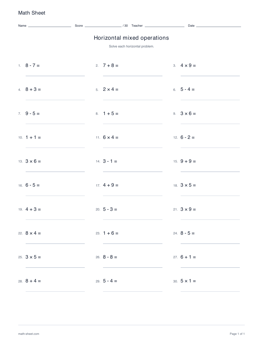 Printable horizontal mixed operations worksheet preview