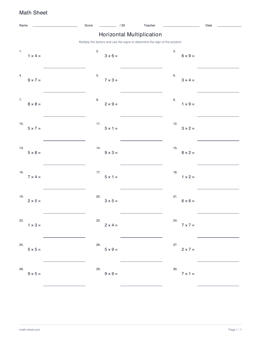 Printable horizontal multiplication worksheet preview