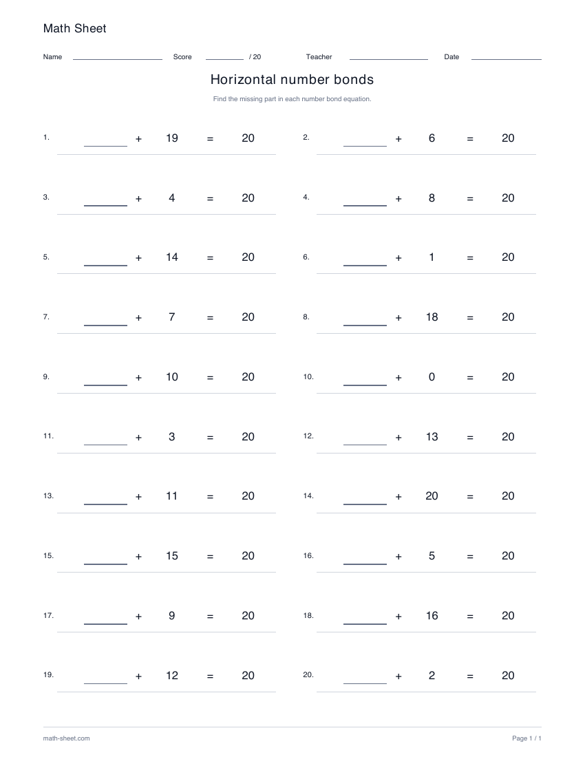 Printable horizontal number bonds worksheet preview