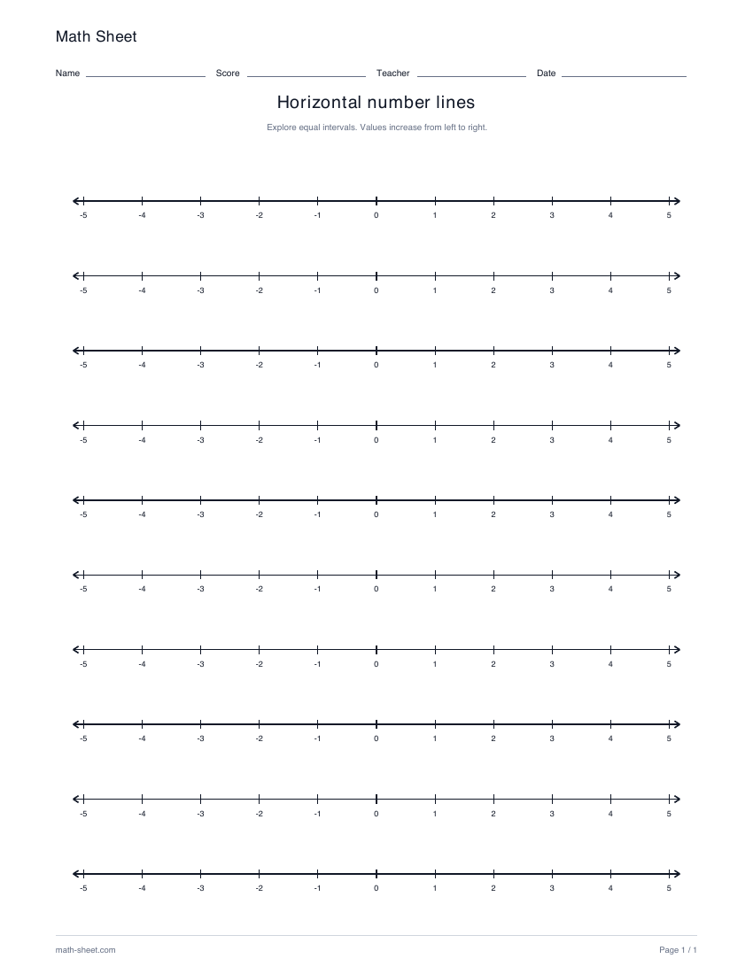 Printable horizontal number lines worksheet preview