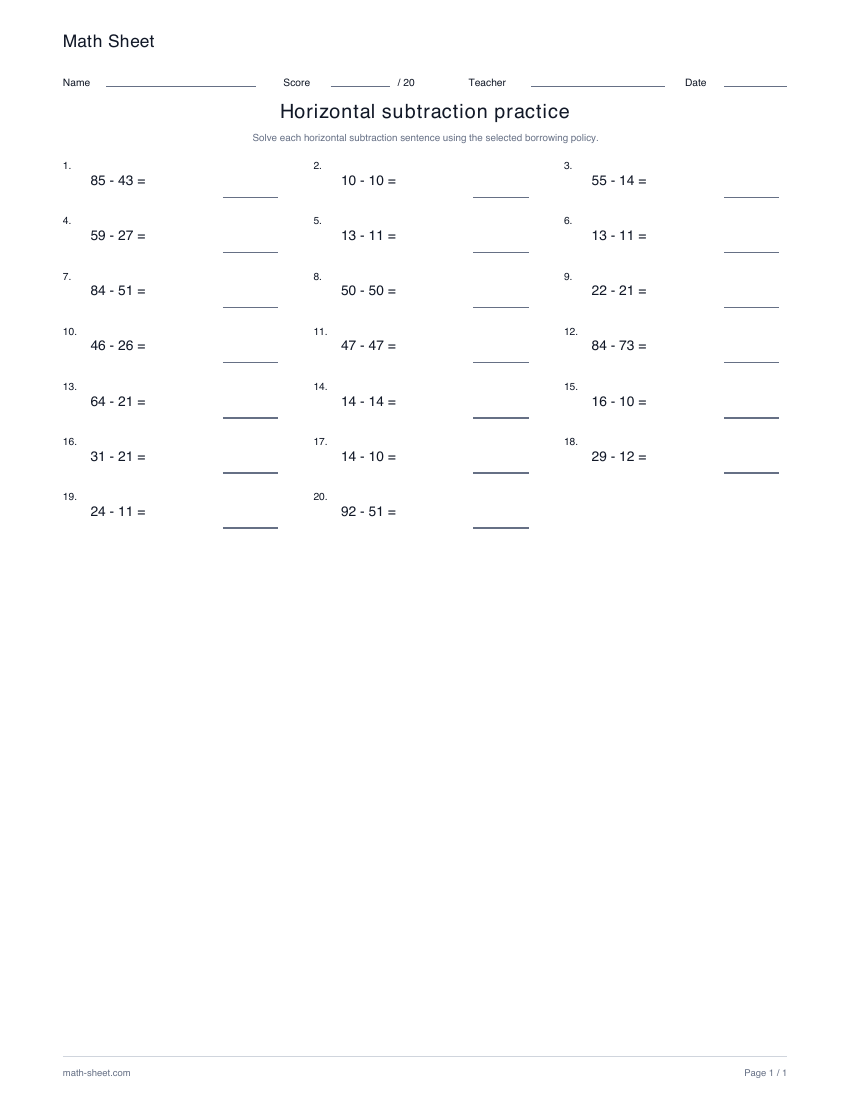 Printable horizontal subtraction without regrouping worksheet preview