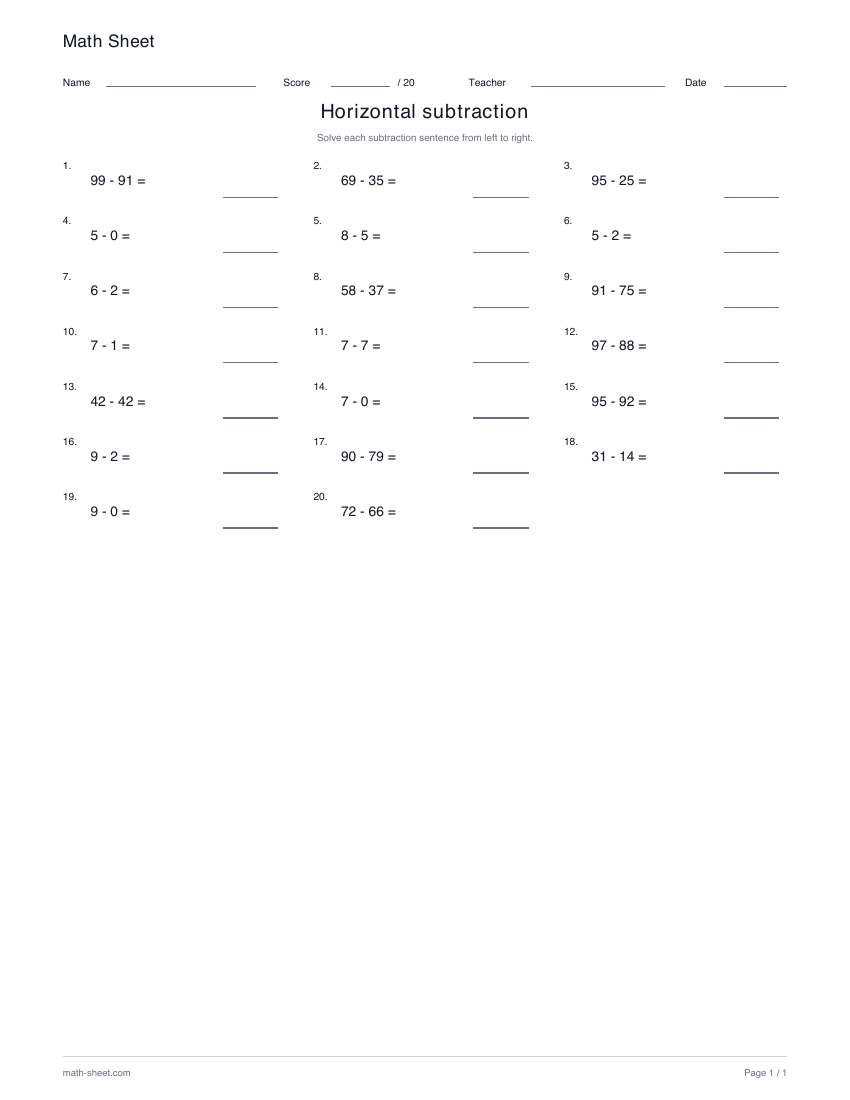 Printable horizontal subtraction worksheet preview