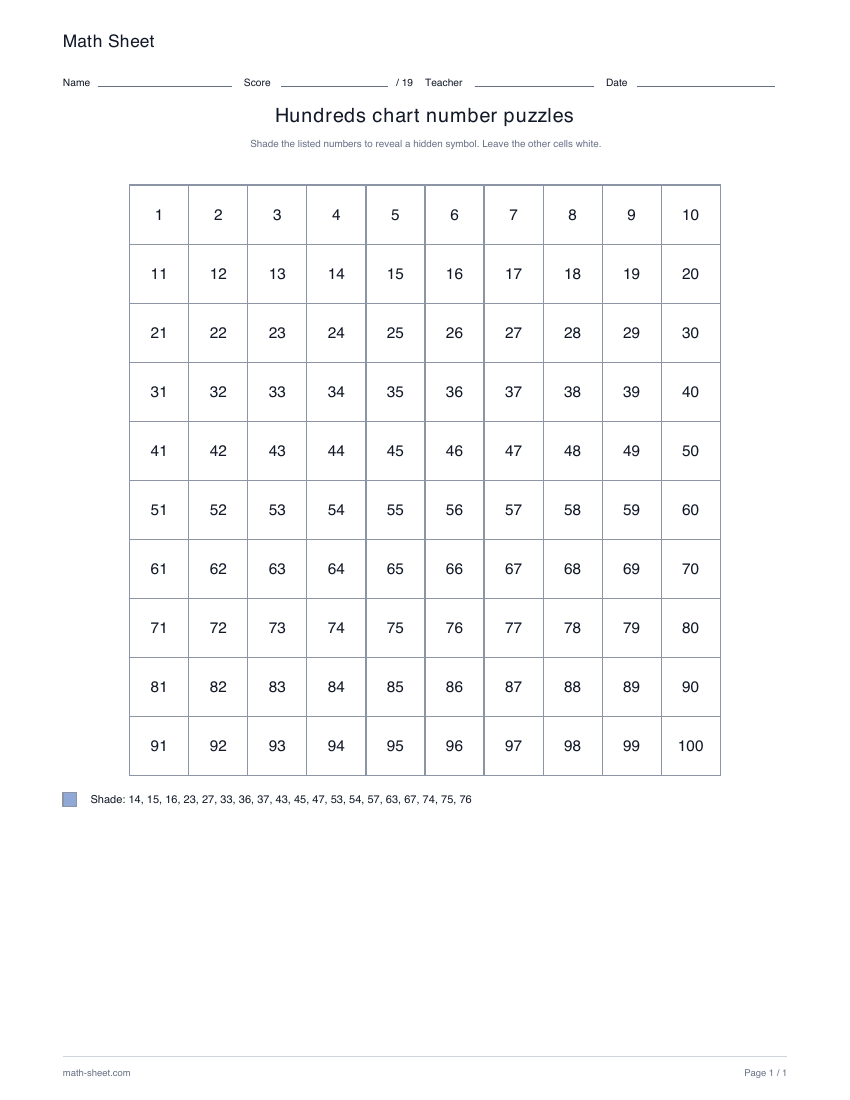 Printable hundreds chart number puzzles worksheet preview