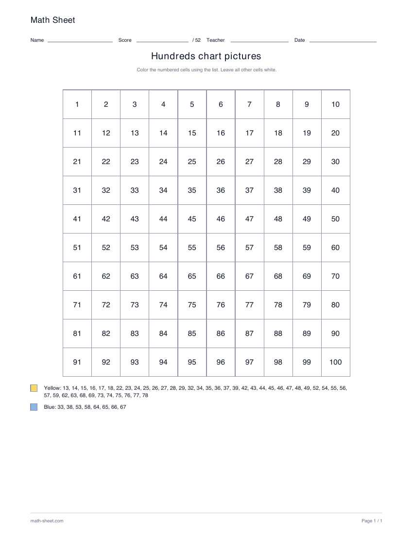 Printable hundreds chart pictures worksheet preview