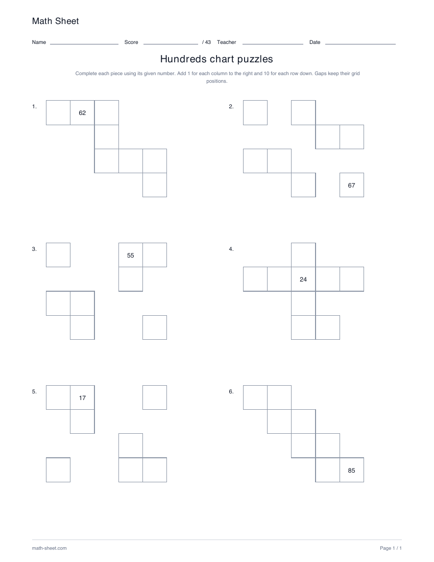 Printable hundreds chart puzzles worksheet preview