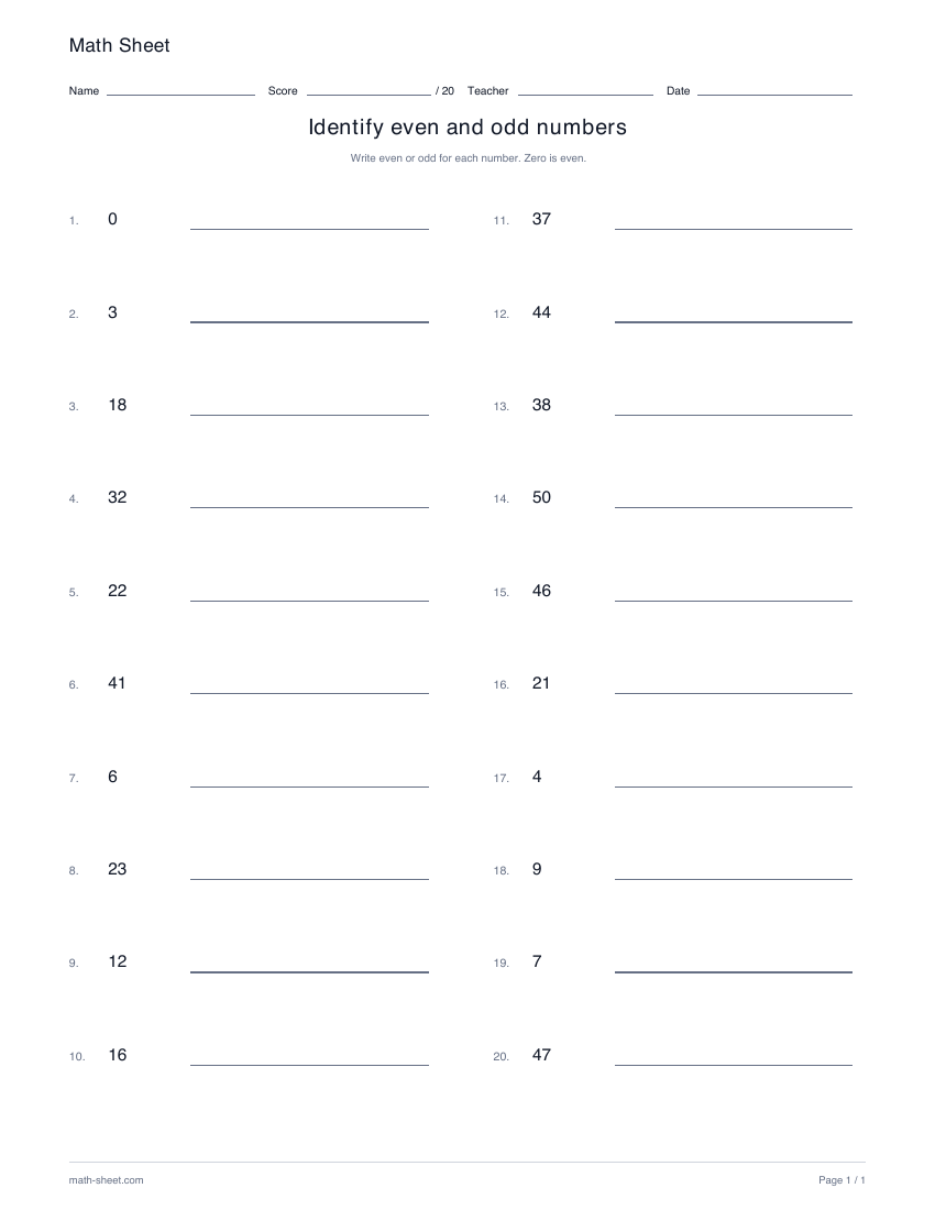Printable identify even and odd numbers worksheet preview