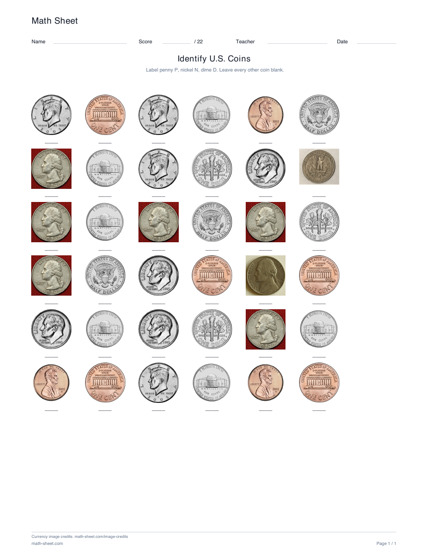 Printable identify u.s. coins worksheet preview