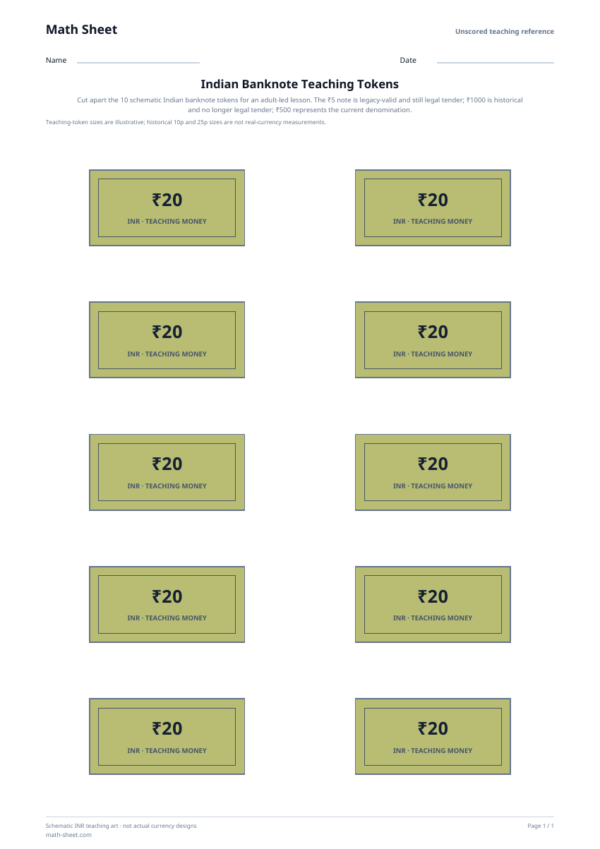 Printable indian banknote teaching tokens worksheet preview