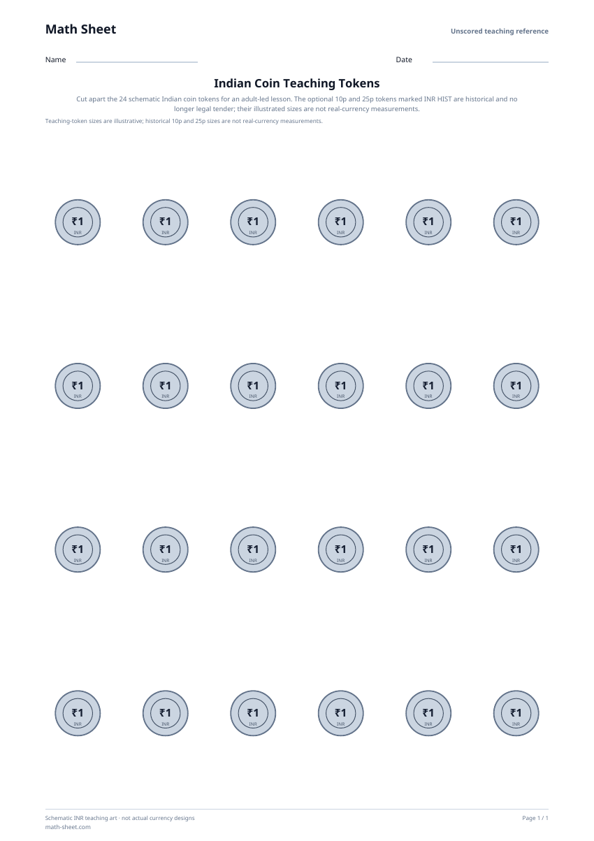 Printable indian coin teaching tokens worksheet preview