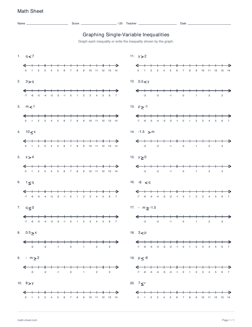 First page preview: Graphing single-variable inequalities worksheets