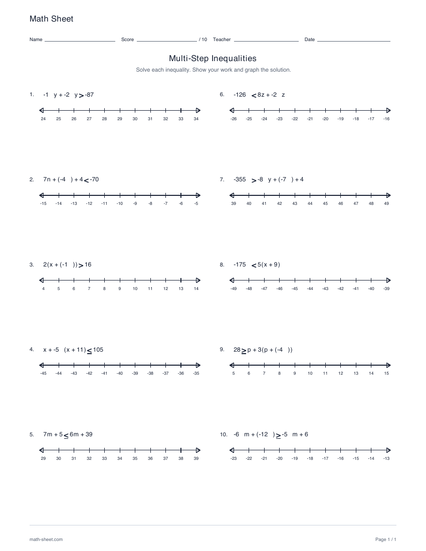 First page preview: Multi-step inequalities worksheets