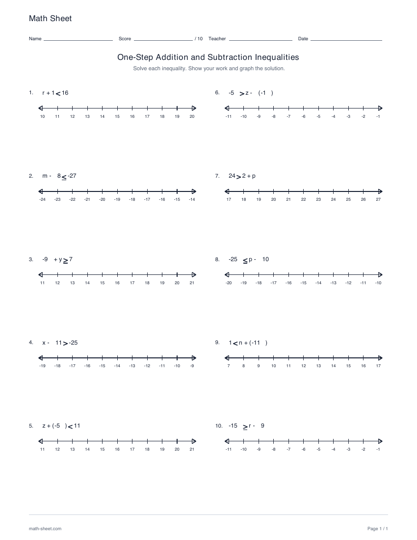 First page preview: One-step addition and subtraction inequalities worksheets