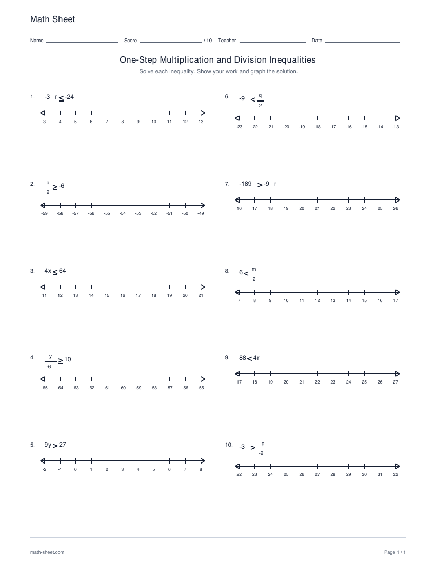 First page preview: One-step multiplication and division inequalities worksheets