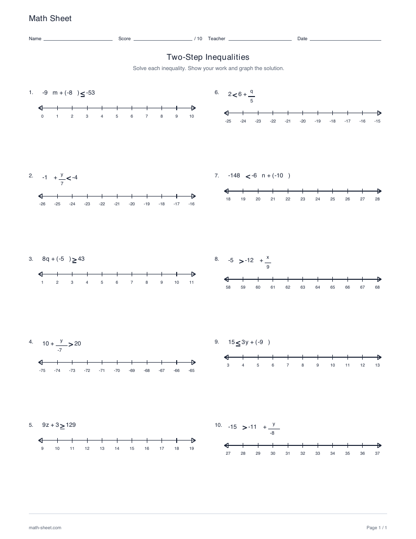First page preview: Two-step inequalities worksheets