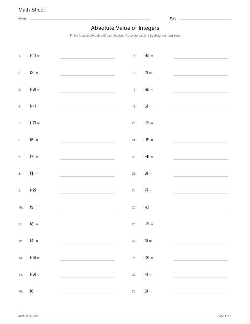 First page preview: Absolute value of integers worksheets
