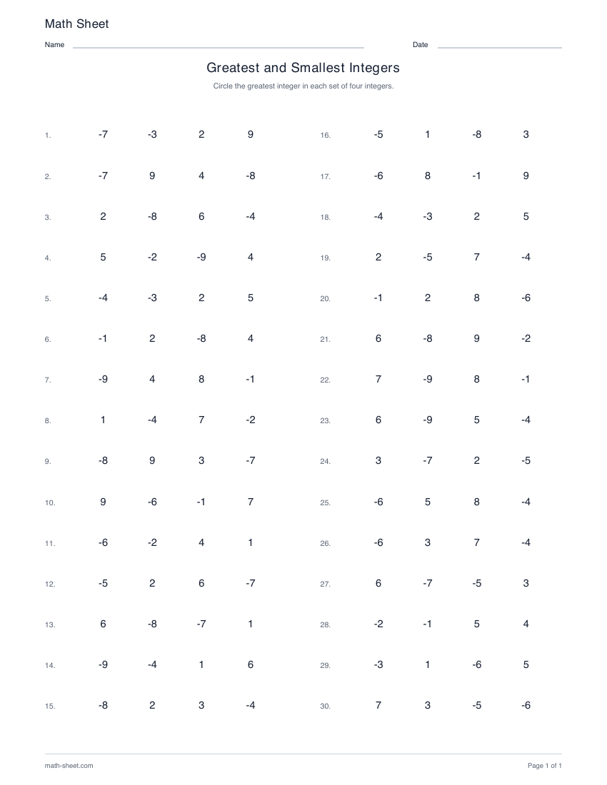 First page preview: Greatest and smallest integers worksheets