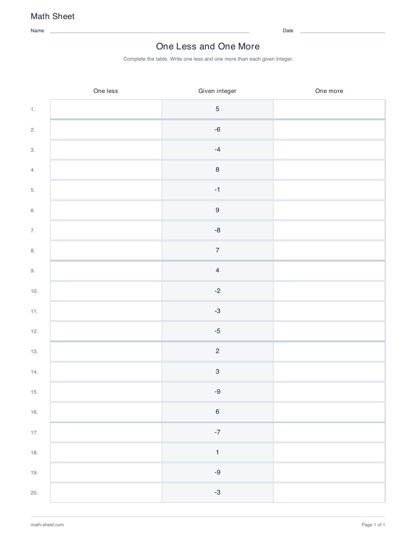 First page preview: One less and one more integers worksheets