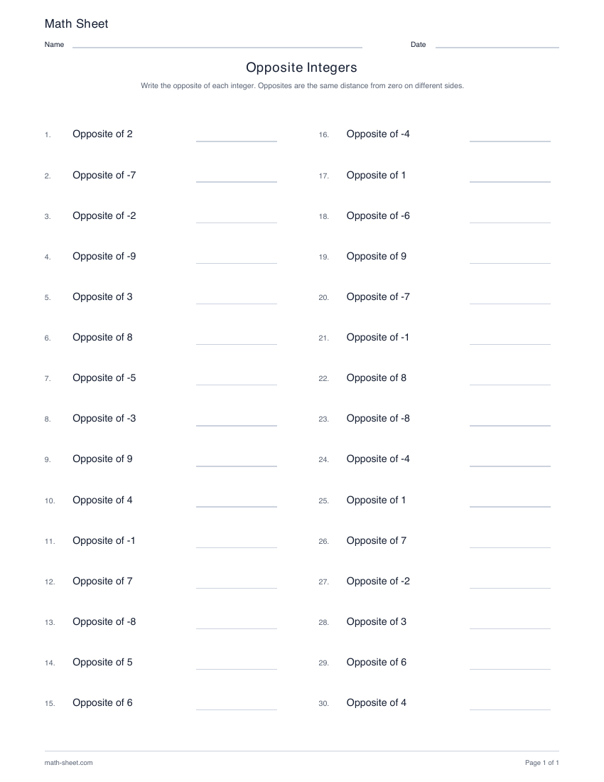 First page preview: Opposite integers worksheets