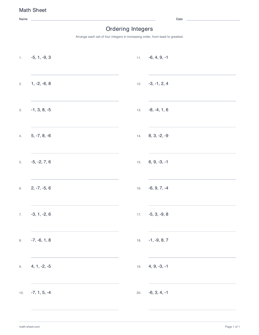 First page preview: Ordering integers worksheets