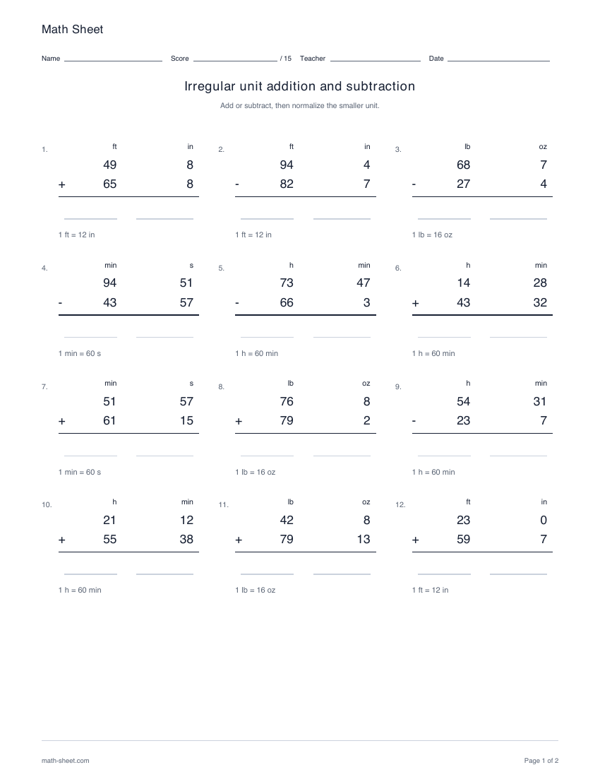 Printable irregular unit addition and subtraction worksheet preview