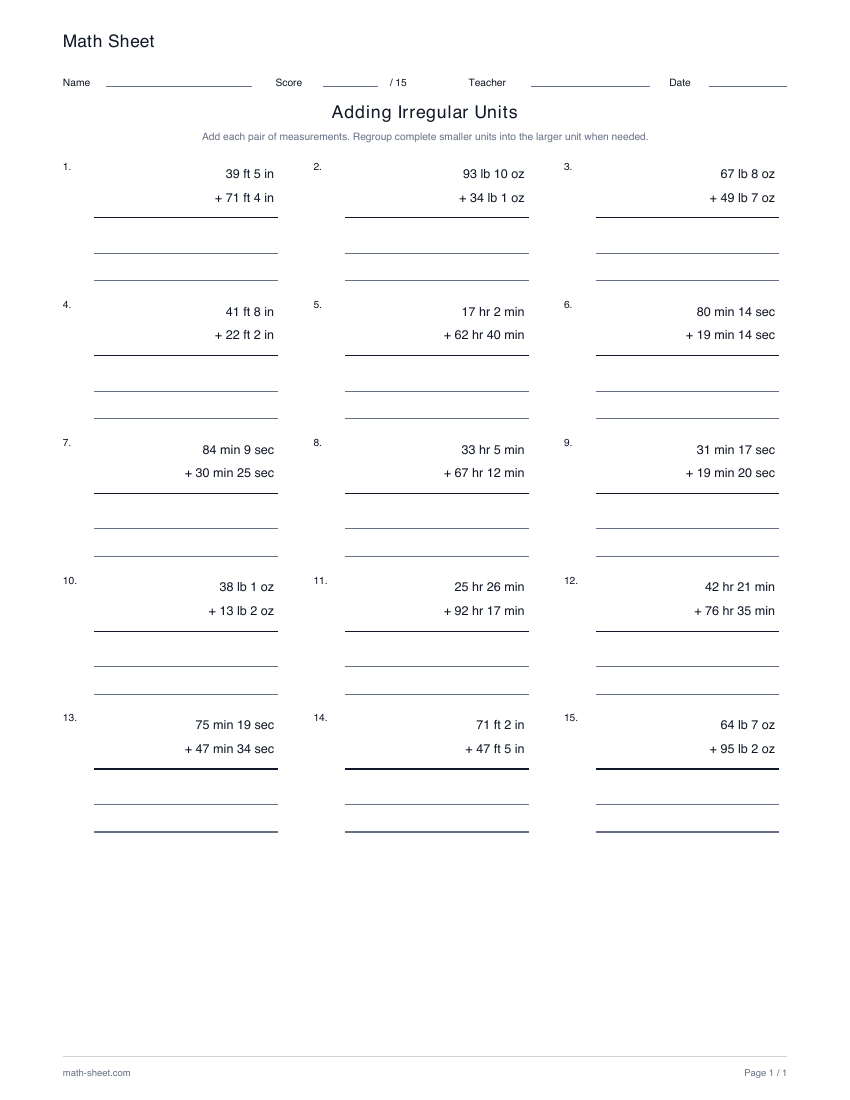 Printable add compound units worksheet preview