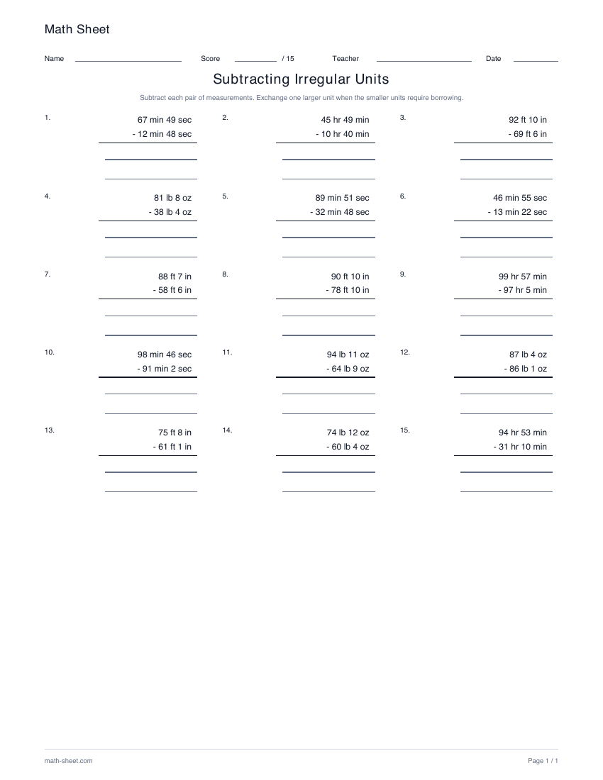 Printable subtract compound units worksheet preview
