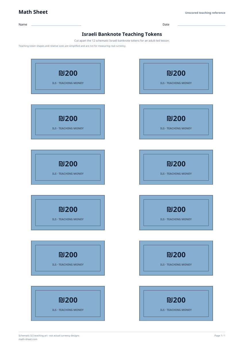 Printable israeli banknote teaching tokens worksheet preview