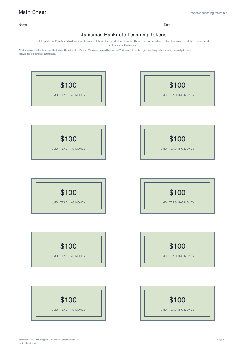 Printable jamaican banknote teaching tokens worksheet preview