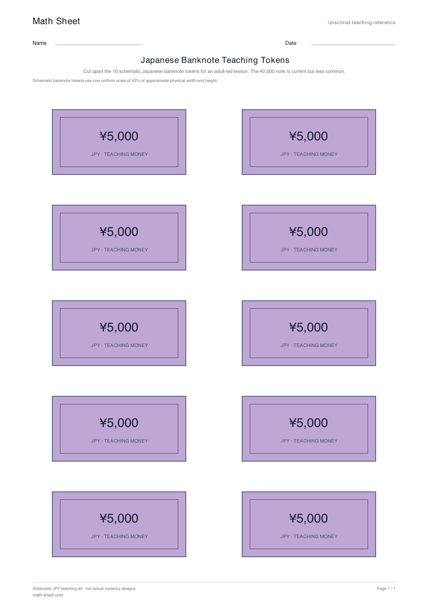 Printable japanese banknote teaching tokens worksheet preview