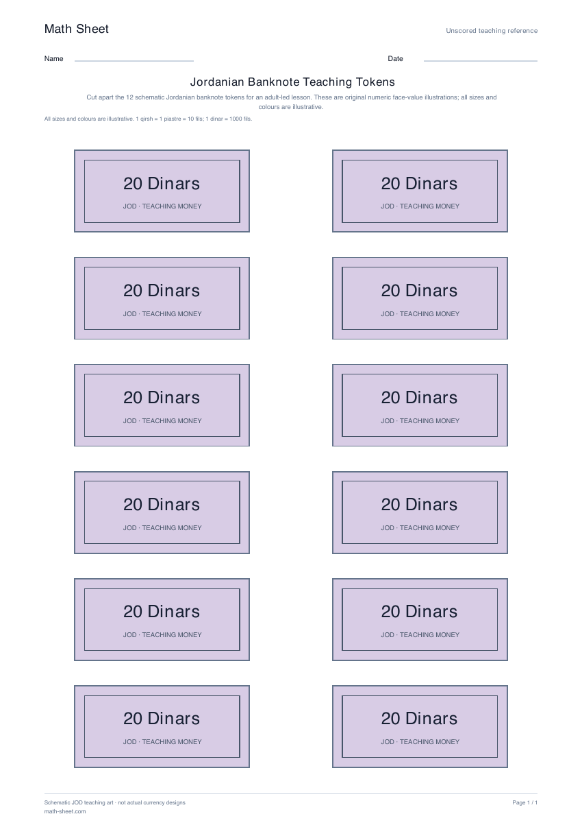 Printable jordanian banknote teaching tokens worksheet preview