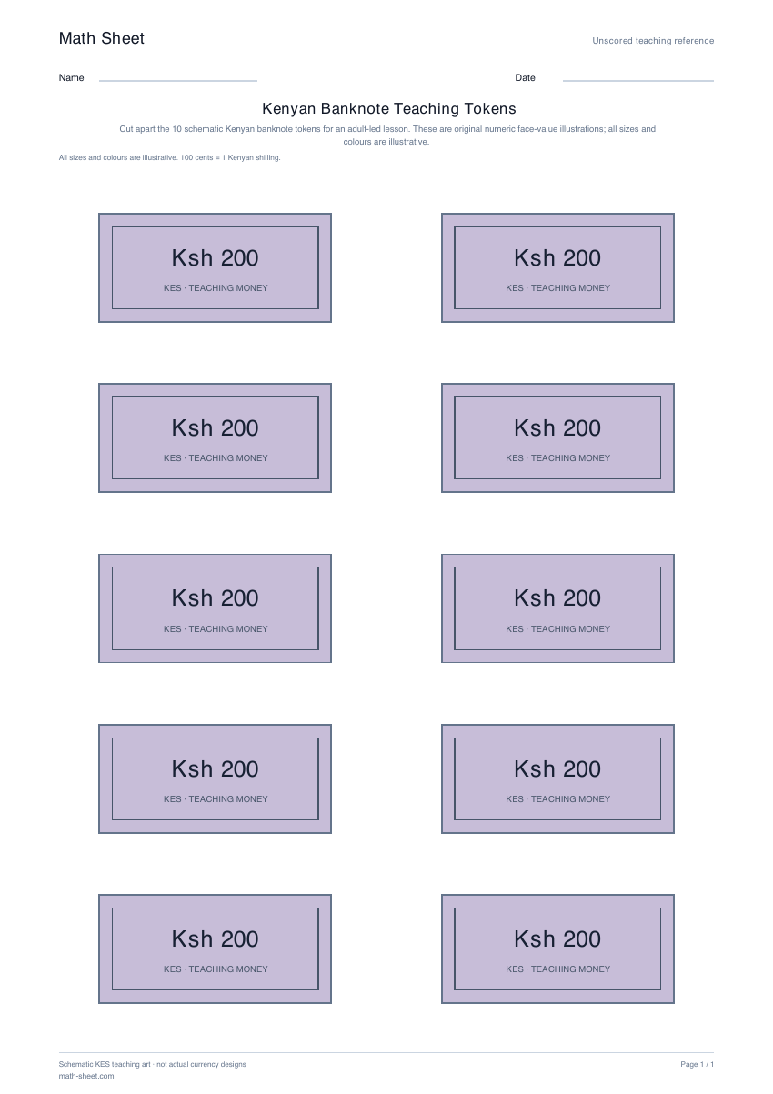Printable kenyan banknote teaching tokens worksheet preview