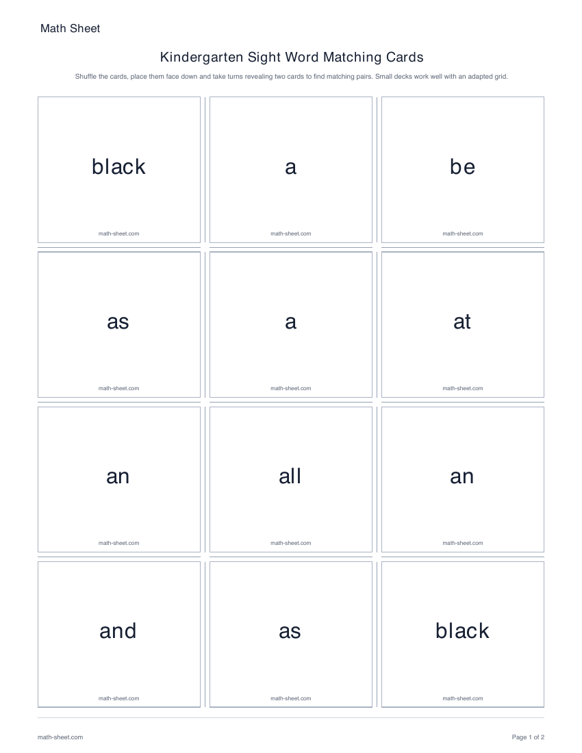 Printable kindergarten sight word matching cards worksheet preview