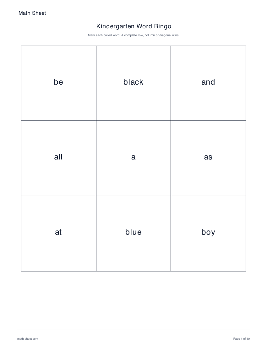 Printable kindergarten word bingo worksheet preview
