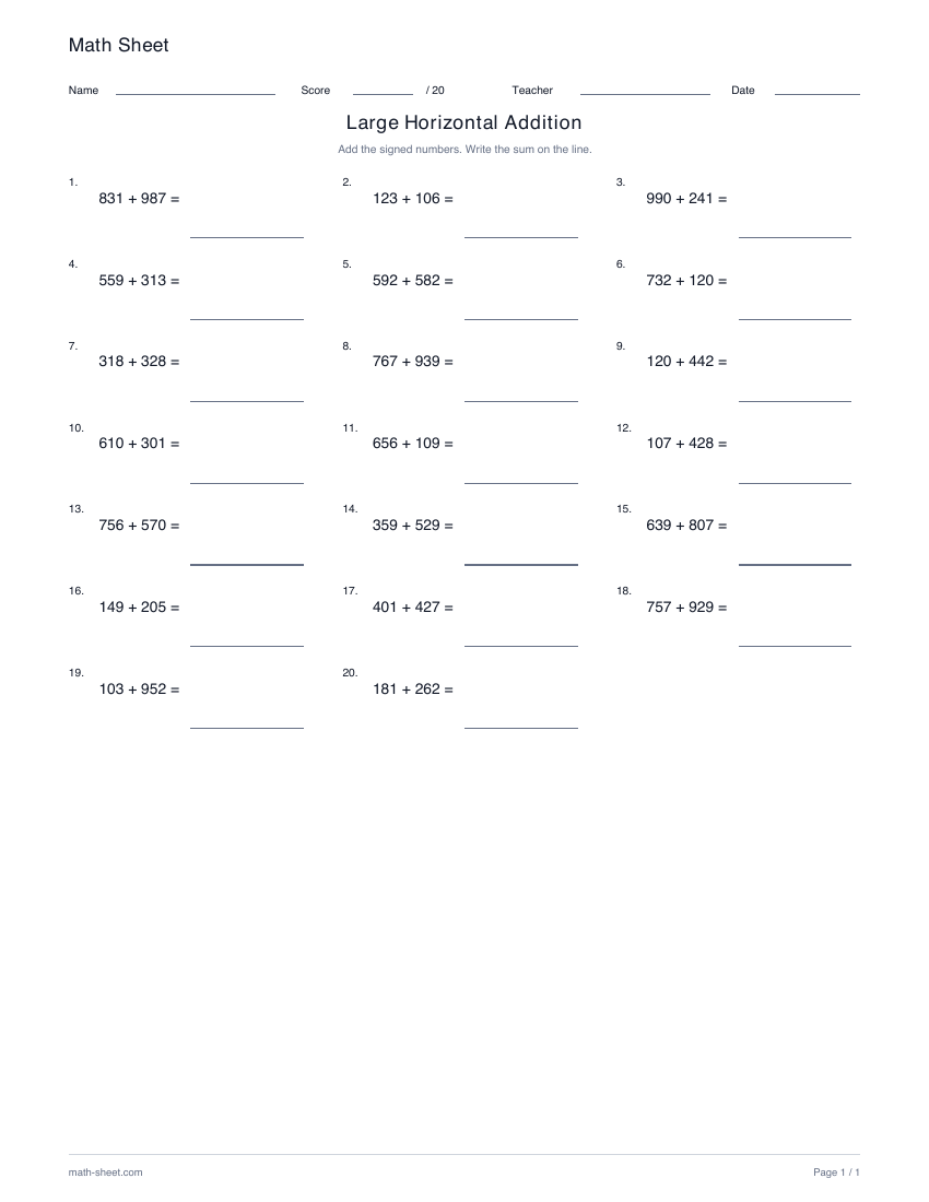 Printable large horizontal addition worksheet preview