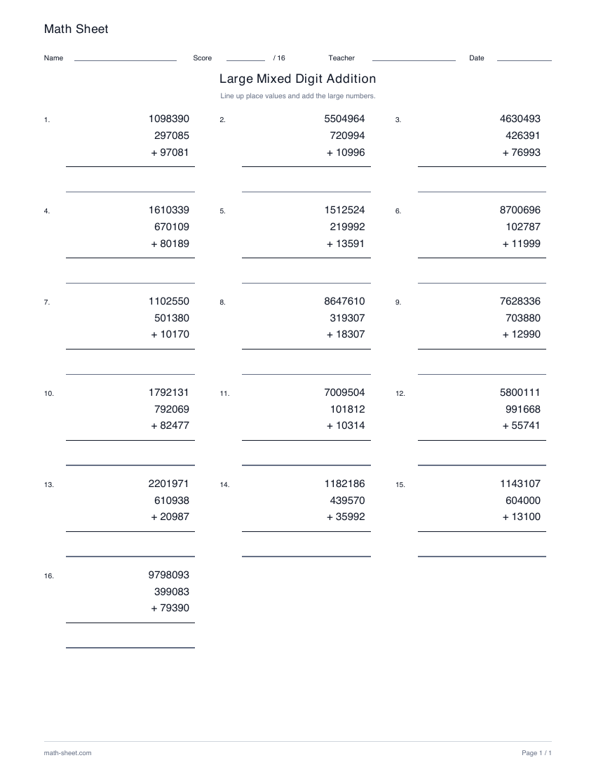 Printable large mixed-digit addition worksheet preview
